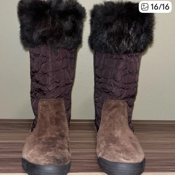 Coach Talen Brown monogram, rabbit Black Fur-Trimmed Boots - Picture 12 of 12